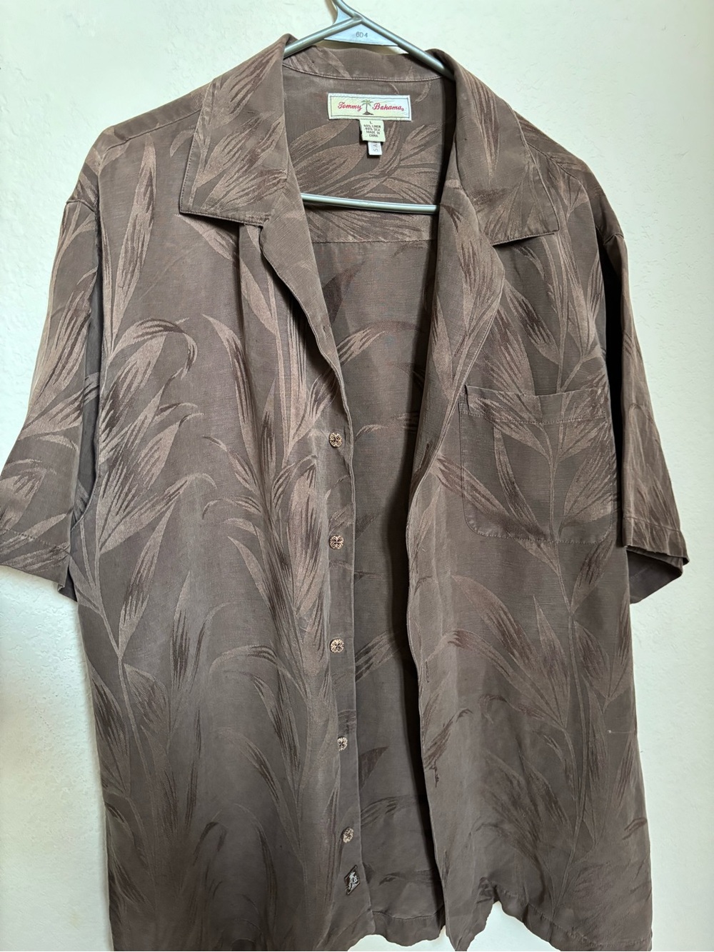 Tommy Bahama Taupe-Brown Leaf Print Silk Camp Shirt